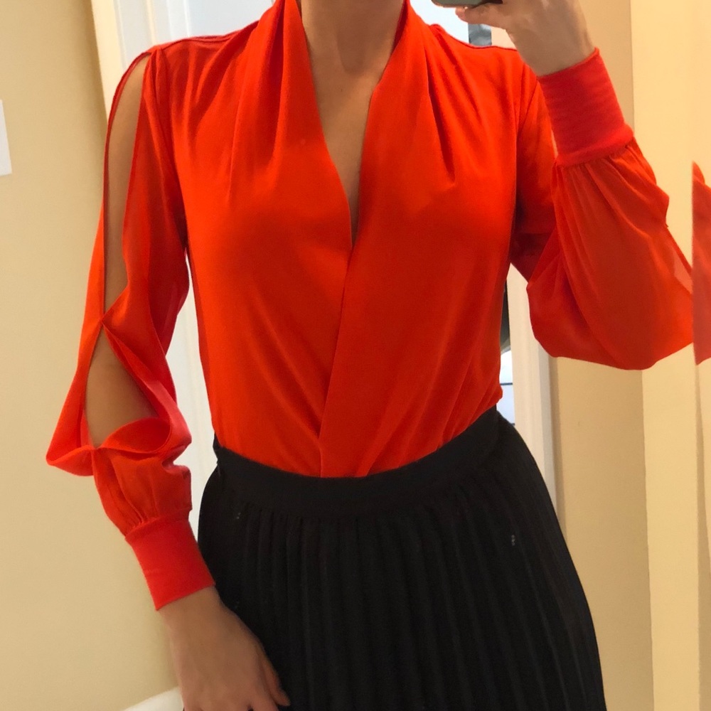 Bebe Silk red bodysuit with cold shoulder sleeves